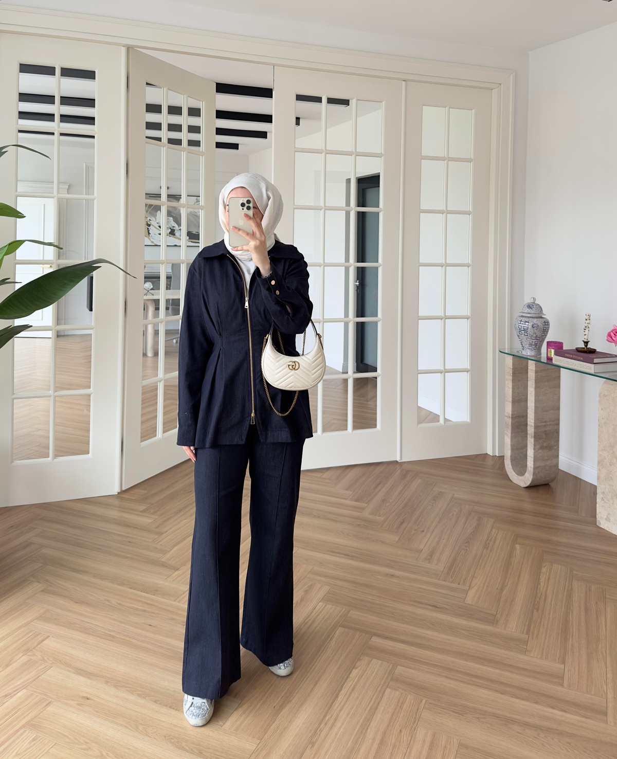 Alya Çift Fermuarlı Denim Takım Koyu Mavi