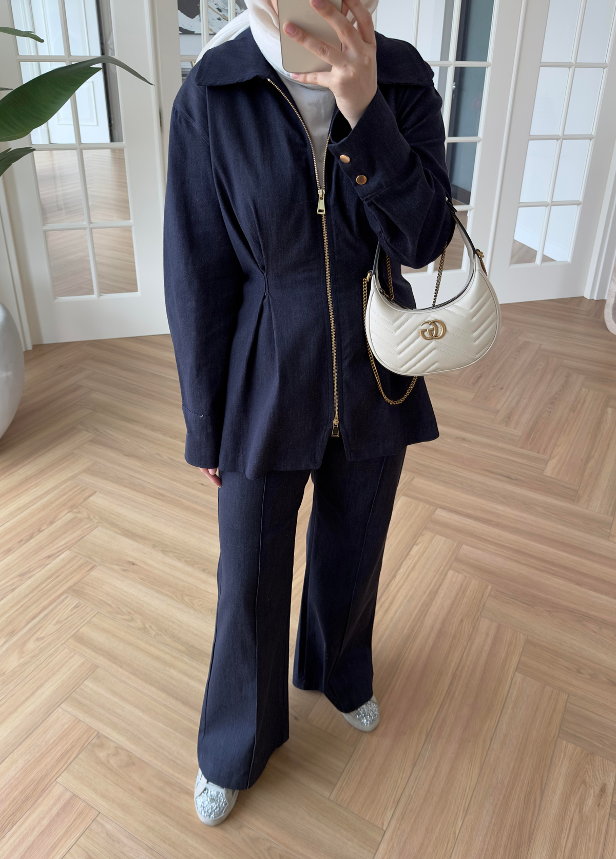 Alya Çift Fermuarlı Denim Takım Koyu Mavi