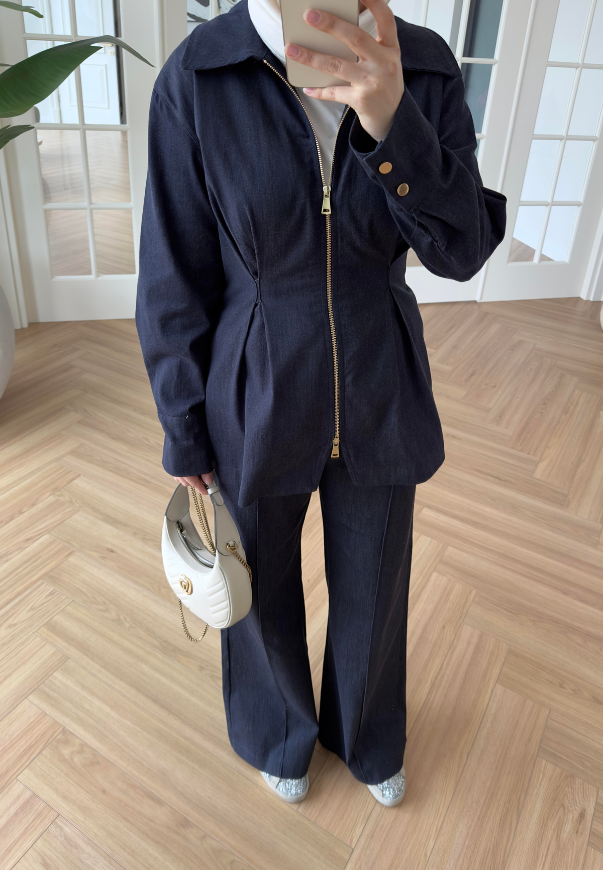 Alya Çift Fermuarlı Denim Takım Koyu Mavi