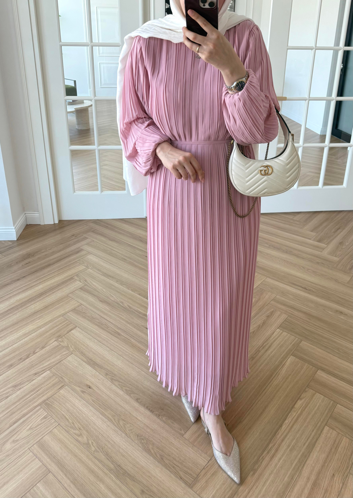 Arinya Pileli Elbise Pembe