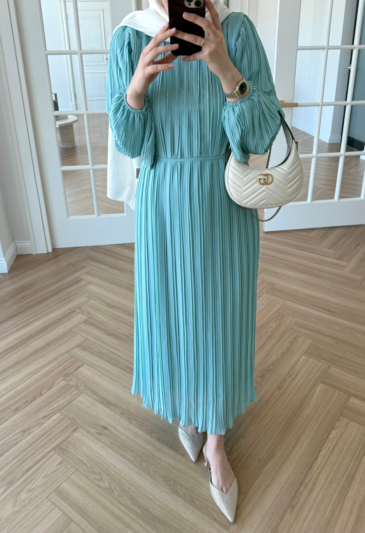 Arinya Pileli Elbise Su Yeşili