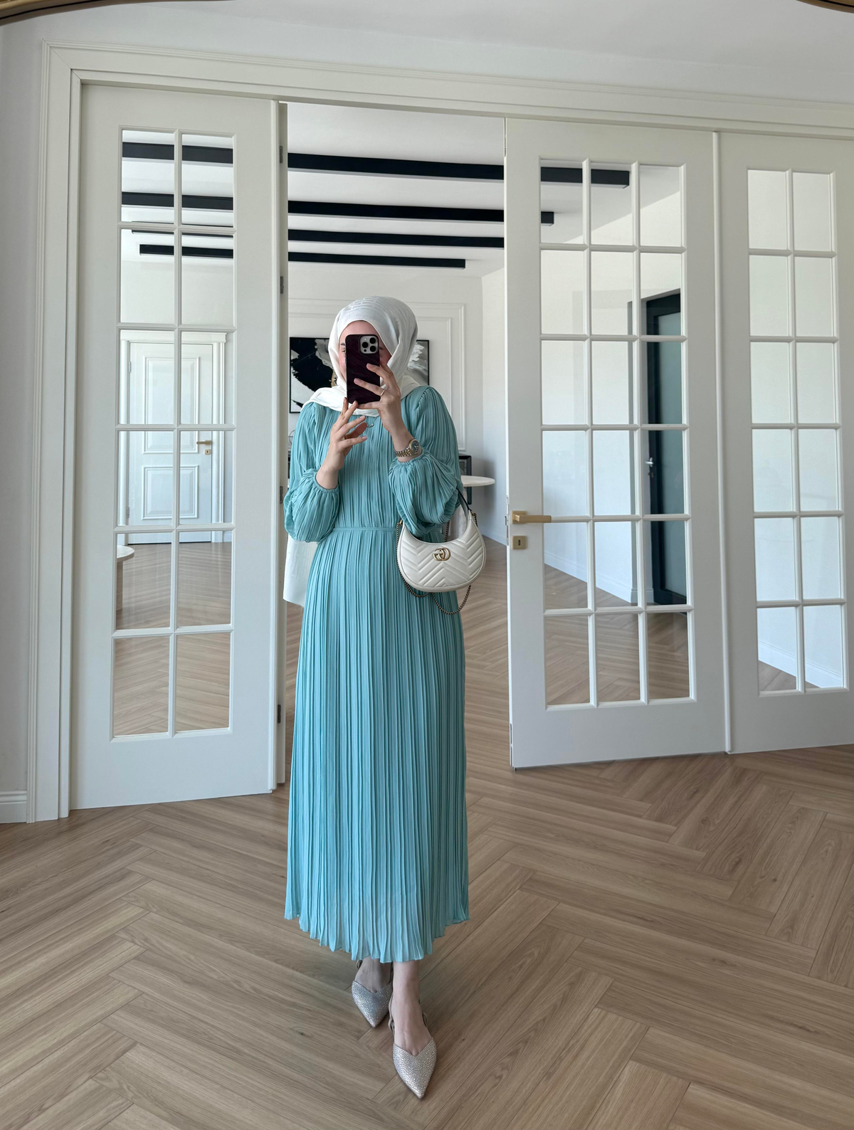 Arinya Pileli Elbise Su Yeşili