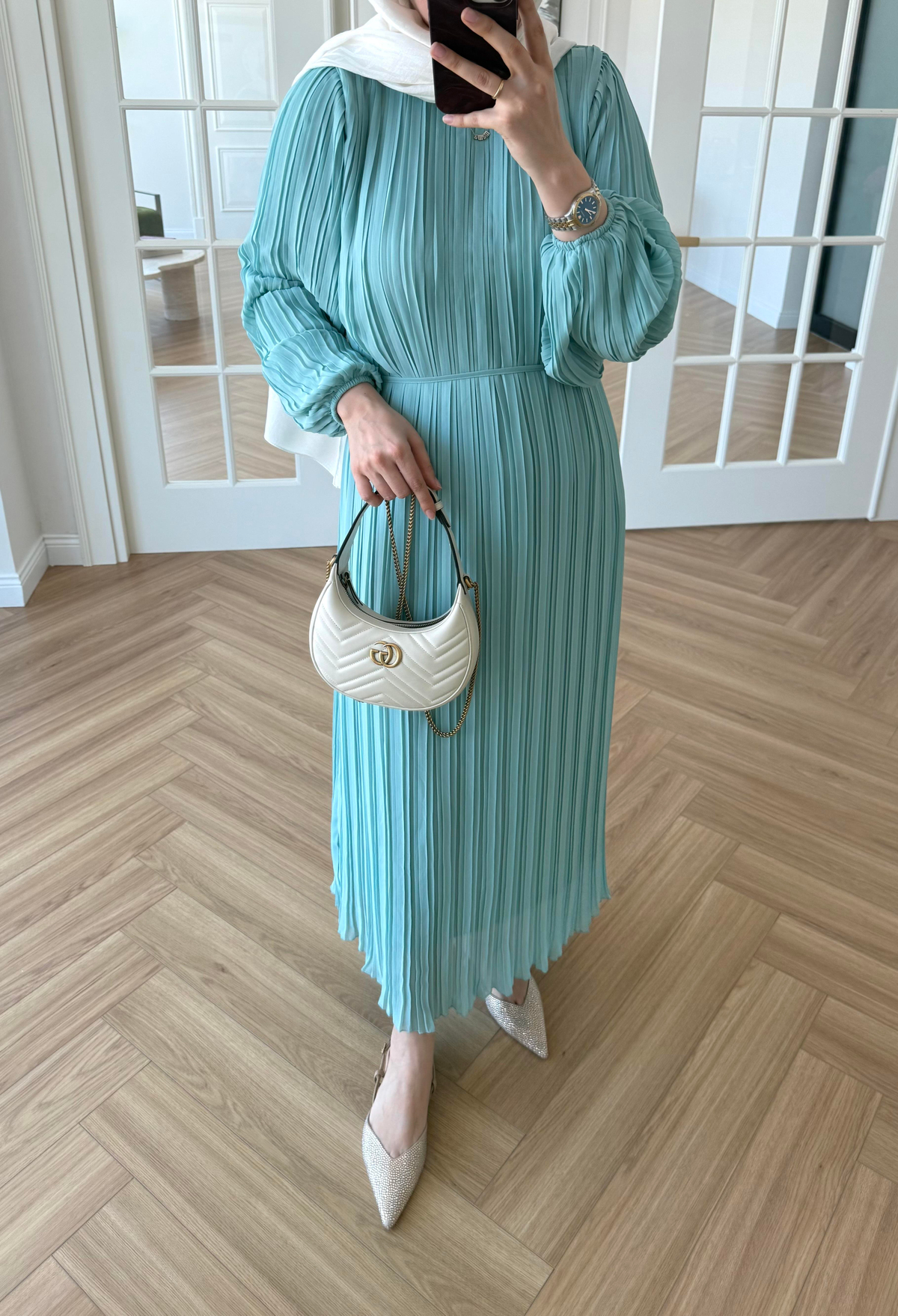 Arinya Pileli Elbise Su Yeşili