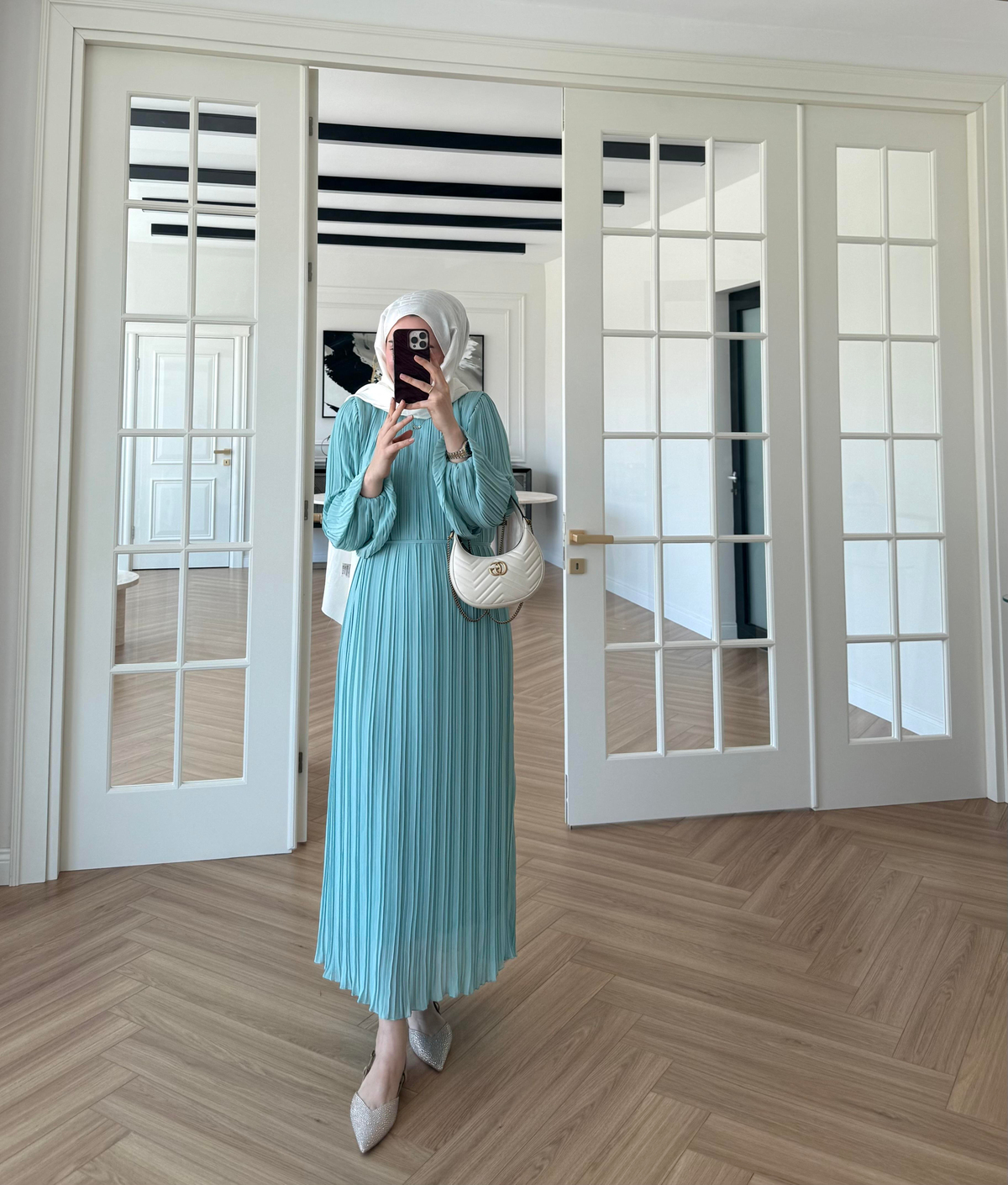 Arinya Pileli Elbise Su Yeşili