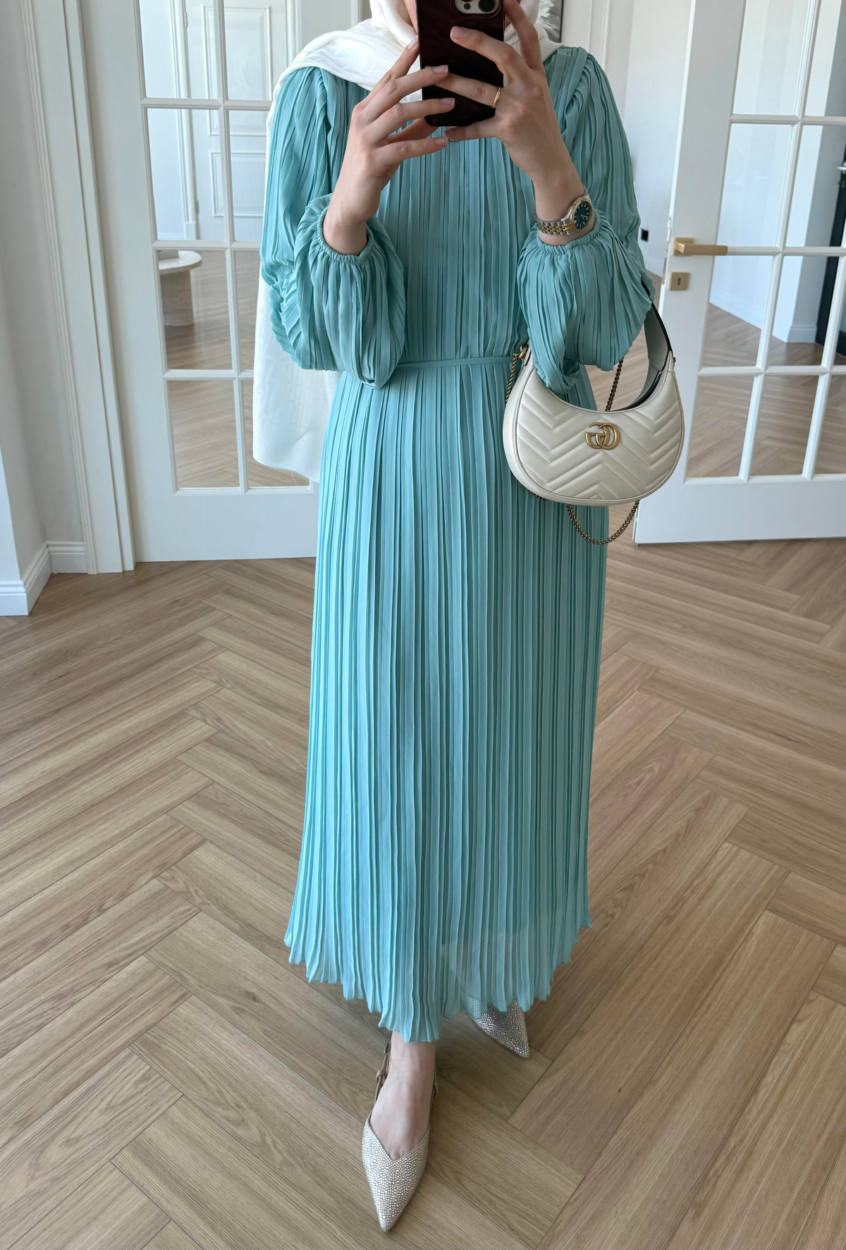 Arinya Pileli Elbise Su Yeşili