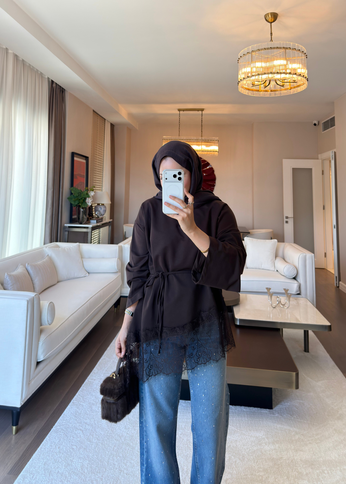 Asimetrik Dantel Detaylı Sweat Kahverengi