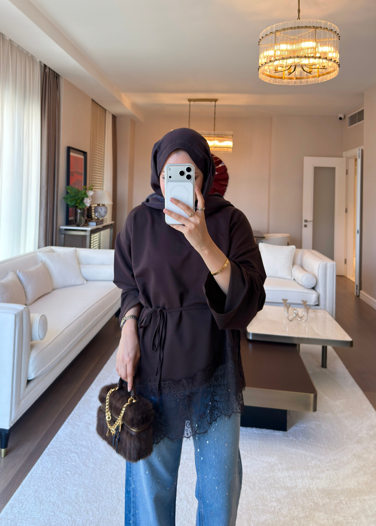 Asimetrik Dantel Detaylı Sweat Kahverengi