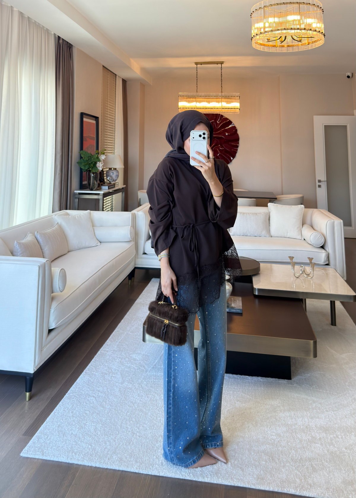 Asimetrik Dantel Detaylı Sweat Kahverengi