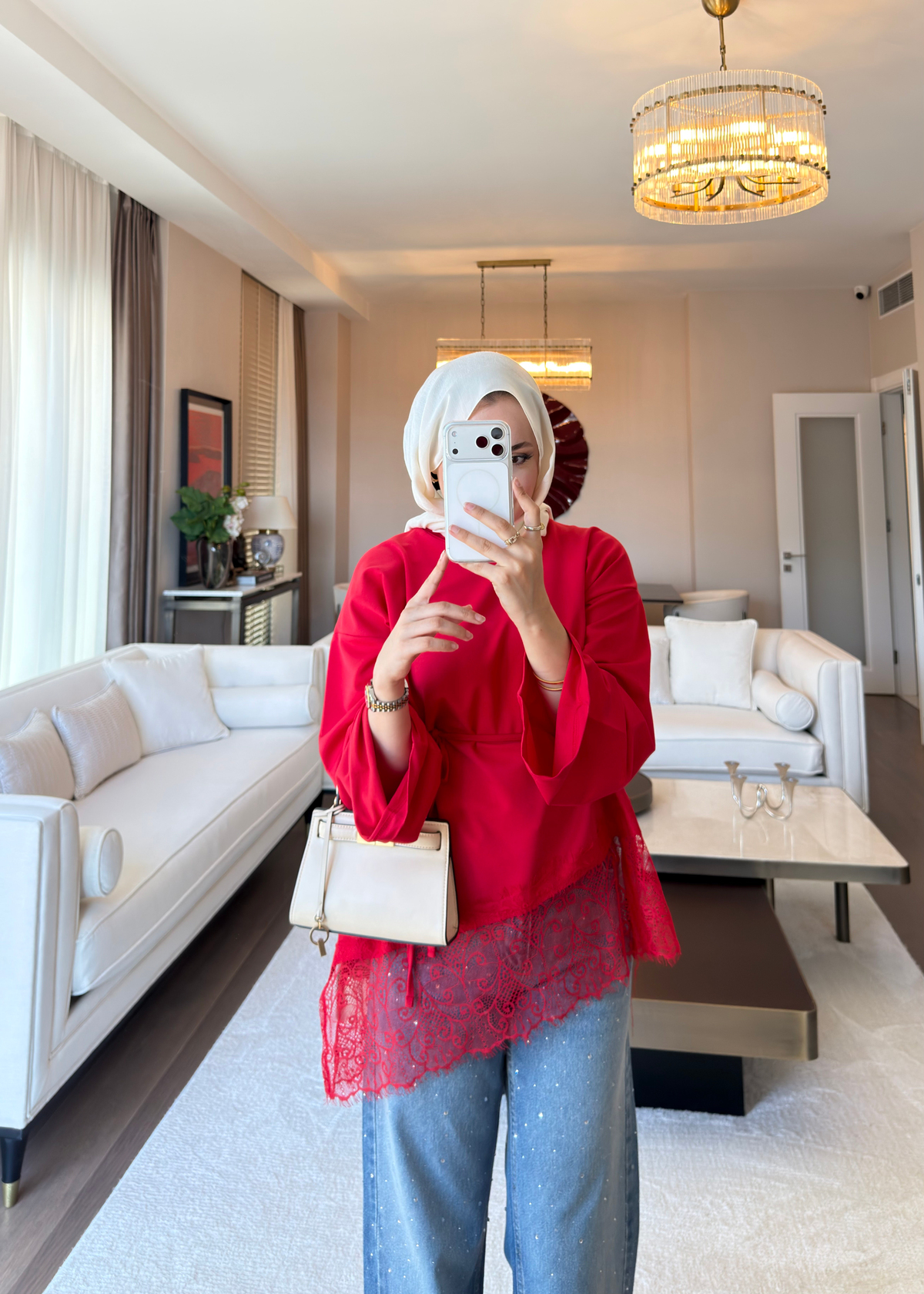 Asimetrik Dantel Detaylı Sweat Kırmızı