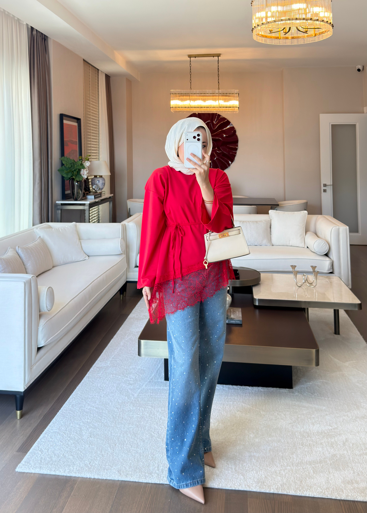 Asimetrik Dantel Detaylı Sweat Kırmızı