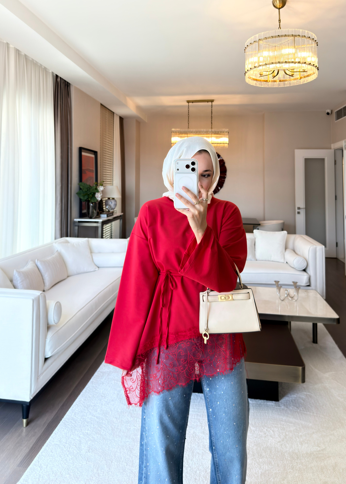 Asimetrik Dantel Detaylı Sweat Kırmızı