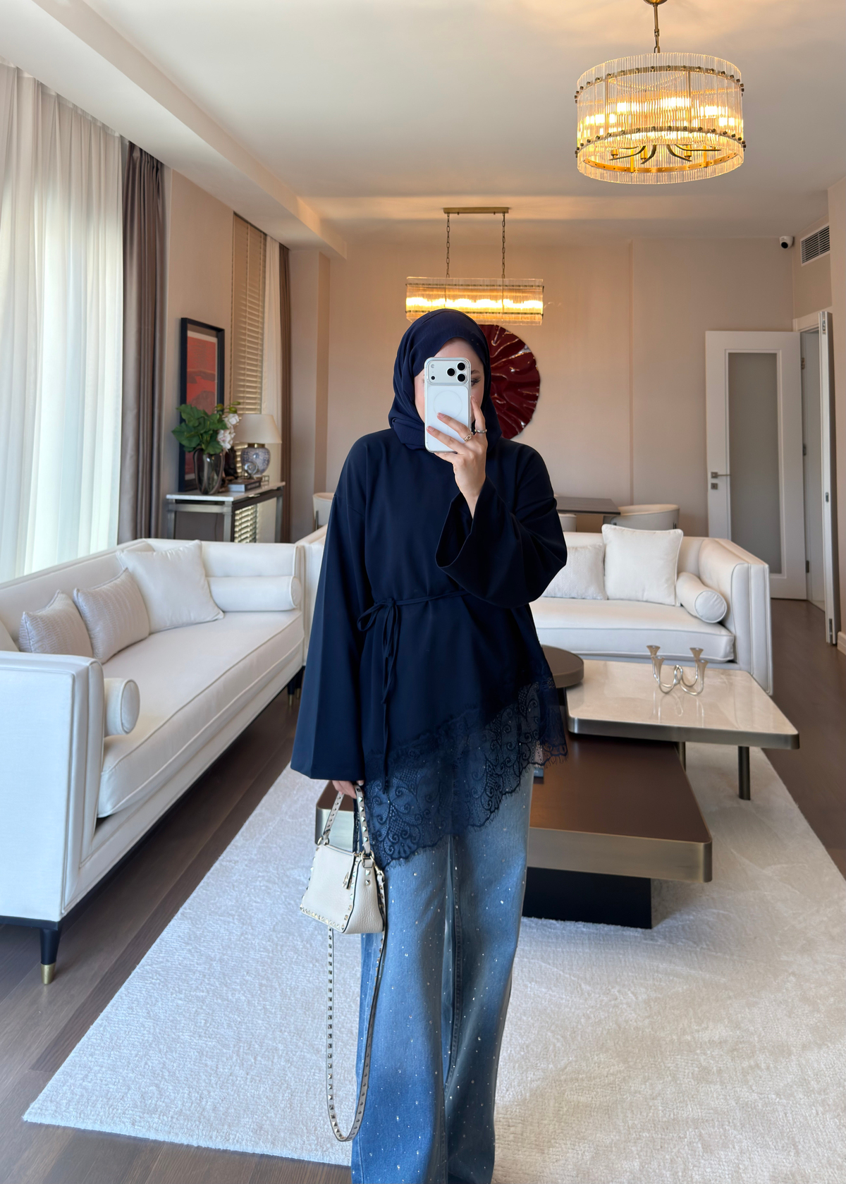 Asimetrik Dantel Detaylı Sweat Lacivert