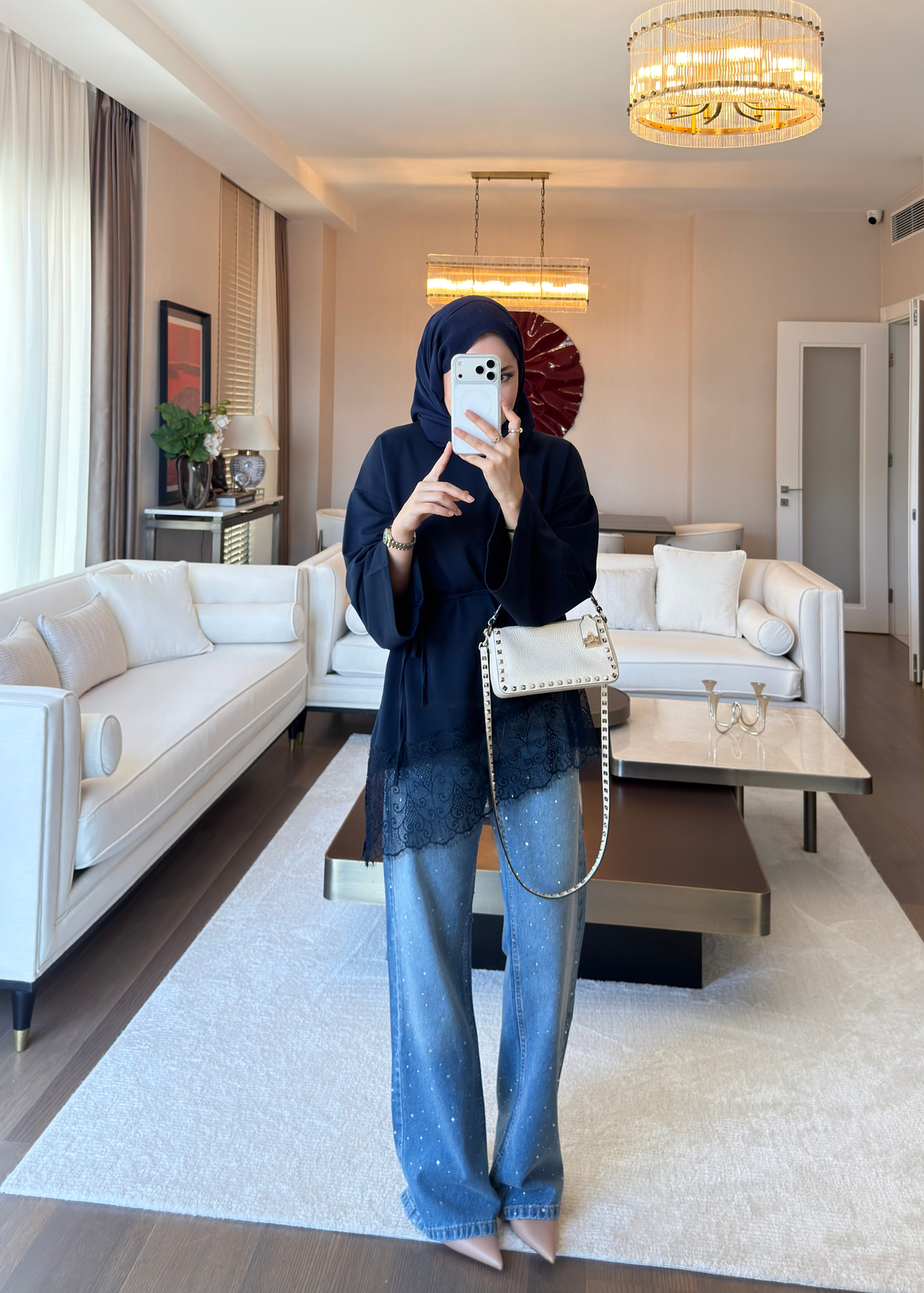 Asimetrik Dantel Detaylı Sweat Lacivert