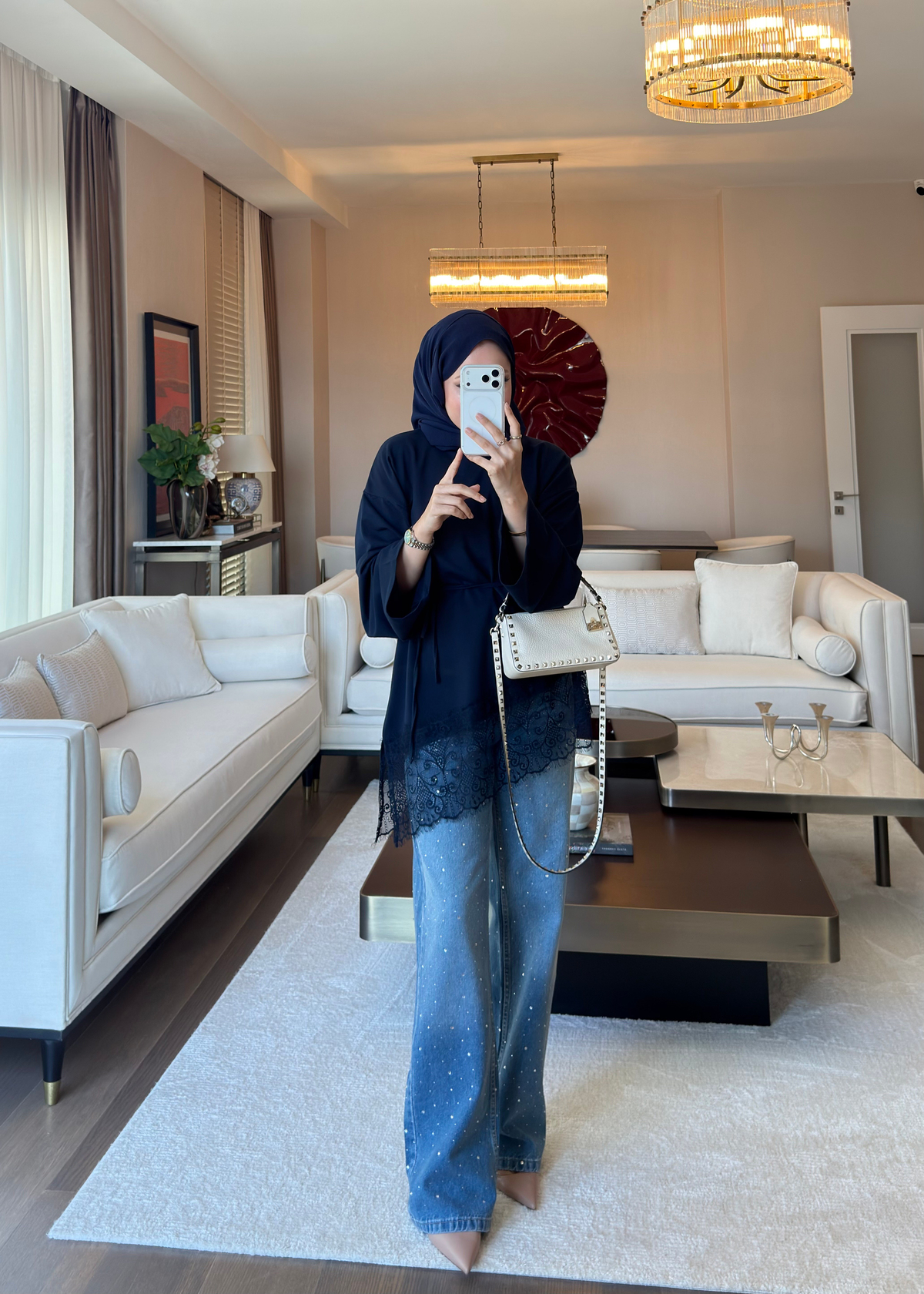 Asimetrik Dantel Detaylı Sweat Lacivert