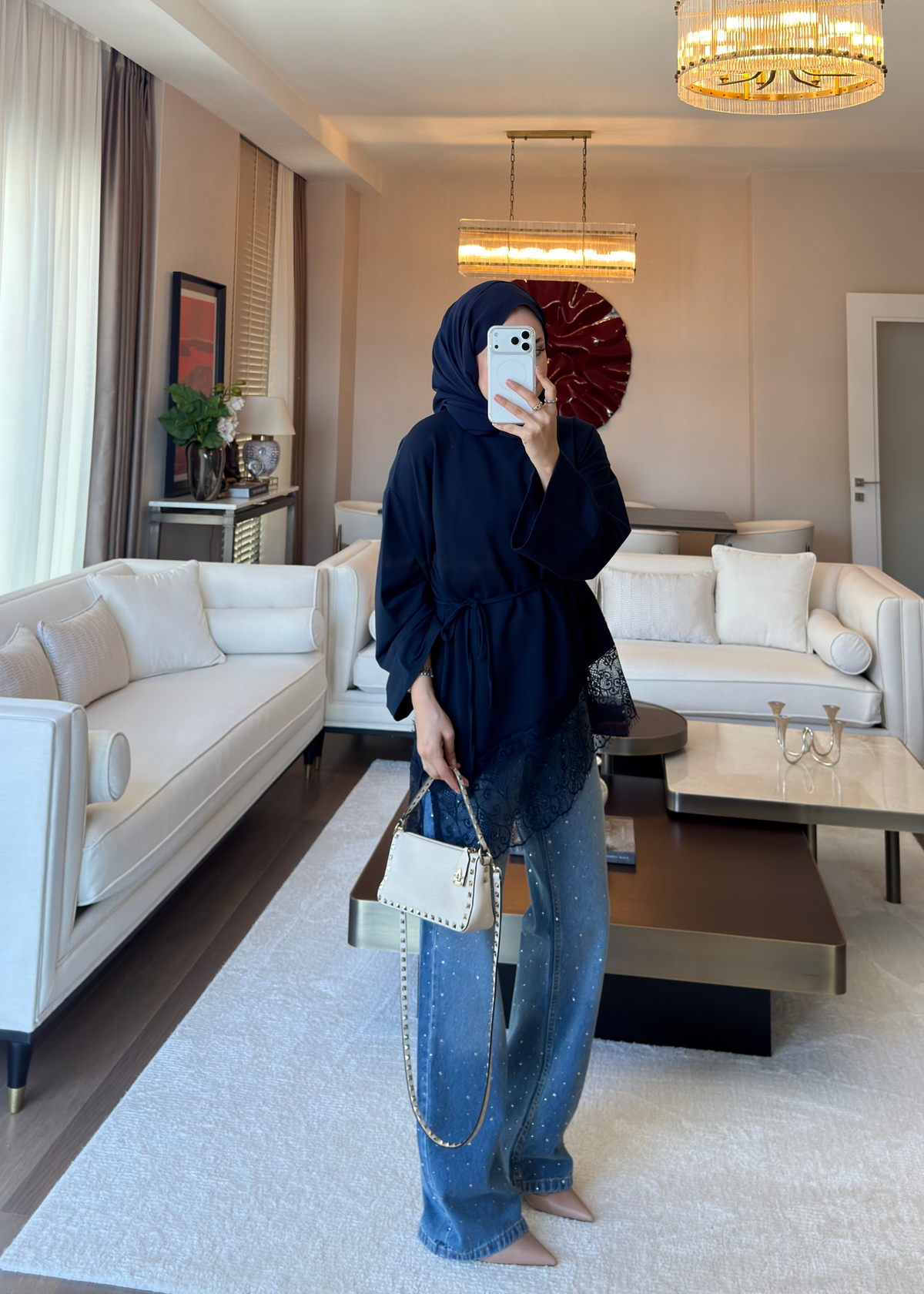 Asimetrik Dantel Detaylı Sweat Lacivert