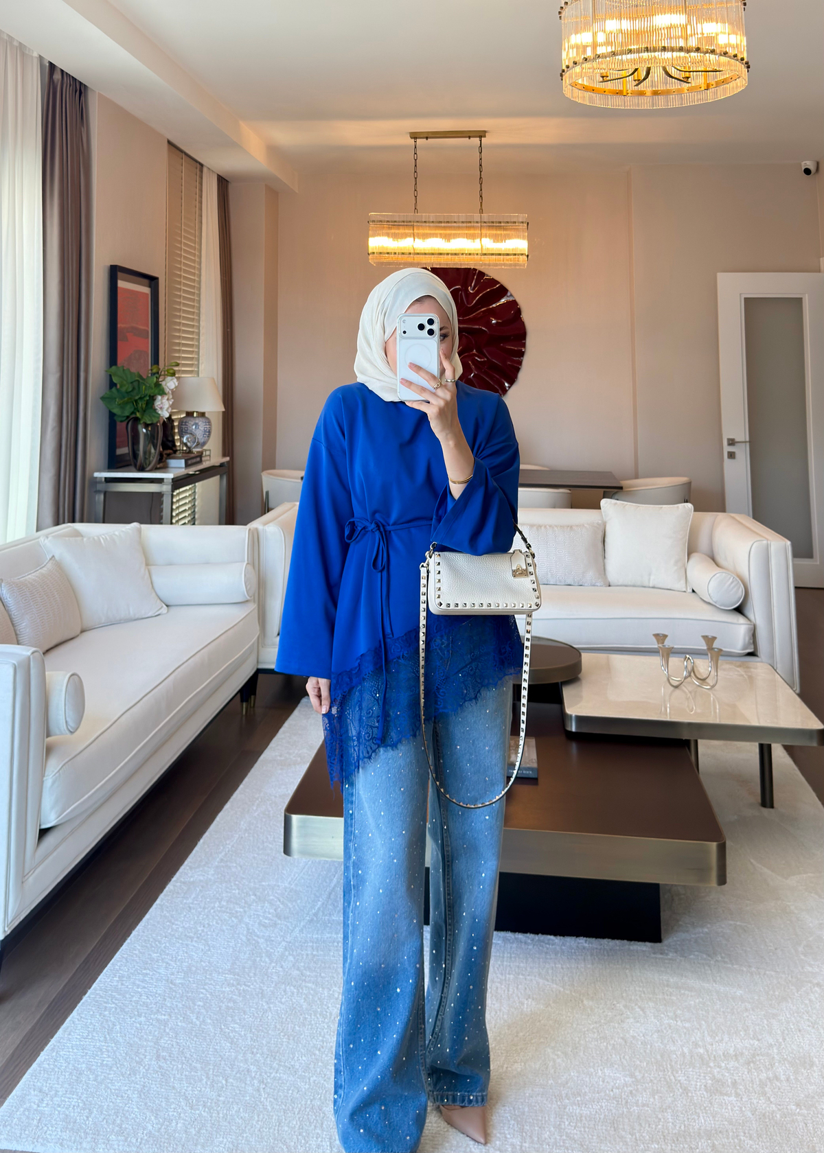 Asimetrik Dantel Detaylı Sweat Saks Mavisi