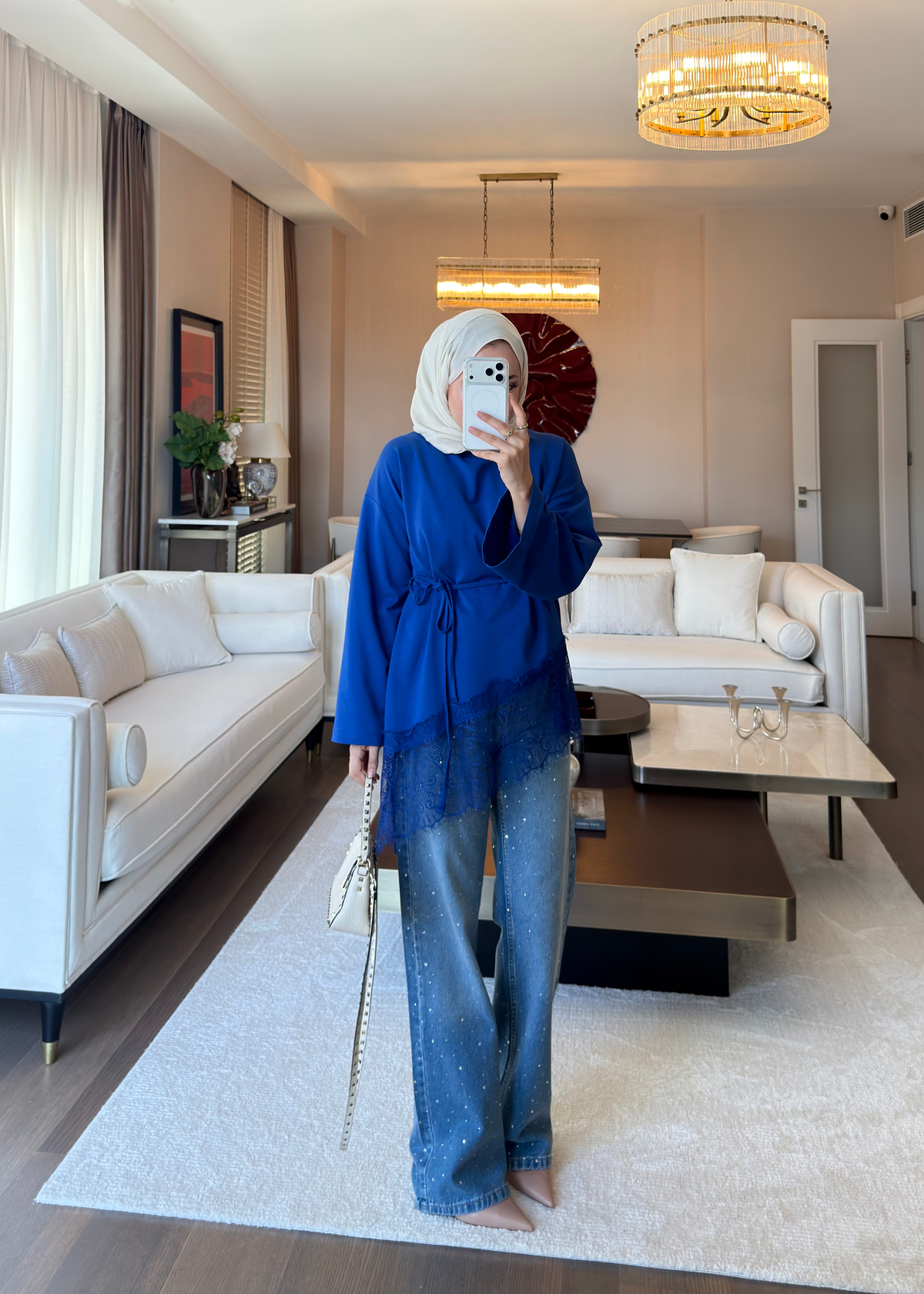 Asimetrik Dantel Detaylı Sweat Saks Mavisi