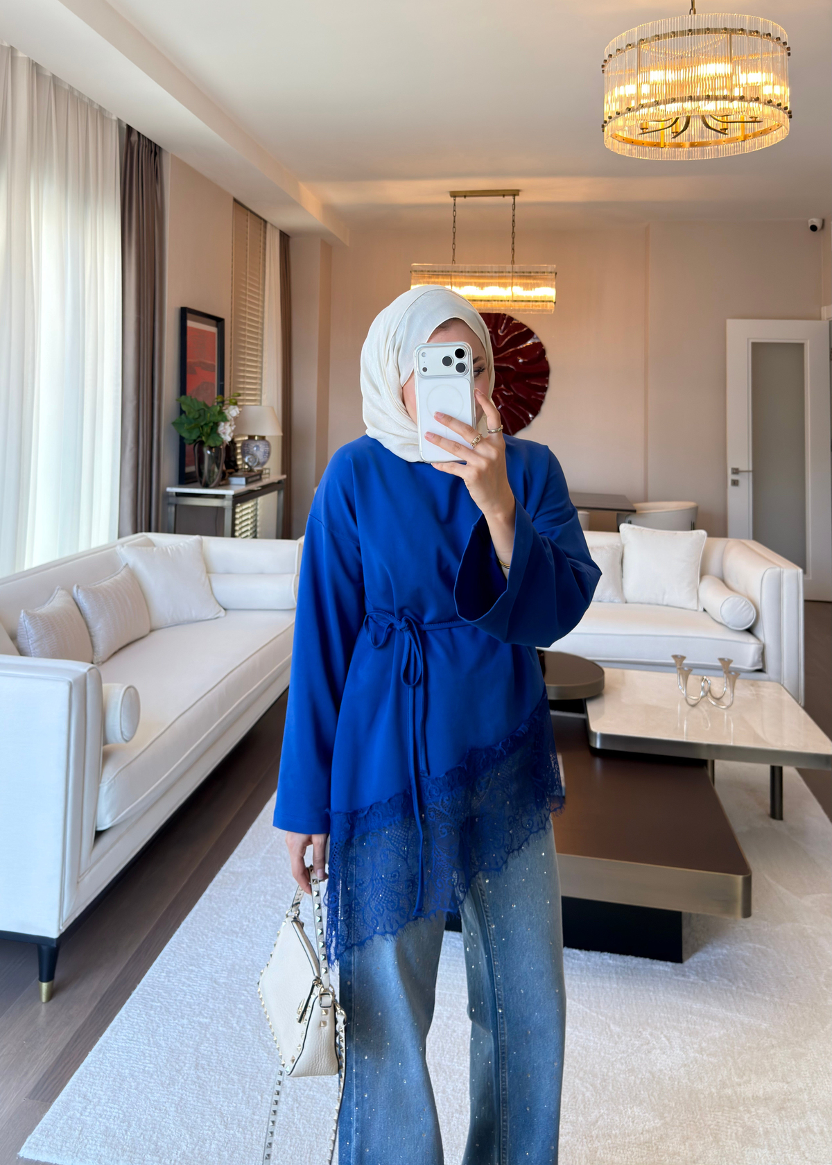 Asimetrik Dantel Detaylı Sweat Saks Mavisi