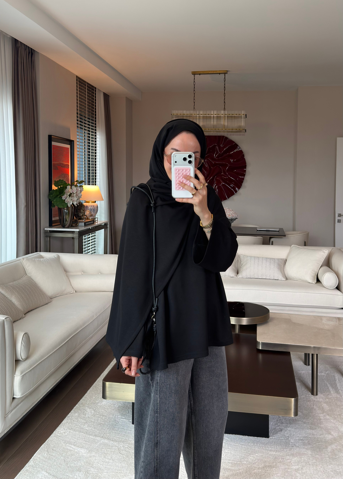 Atkı Detaylı Bağlamalı Sweat Siyah