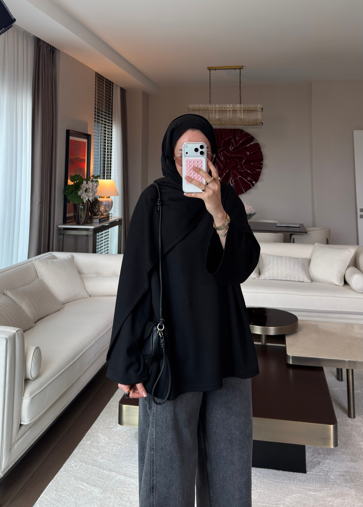 Atkı Detaylı Bağlamalı Sweat Siyah