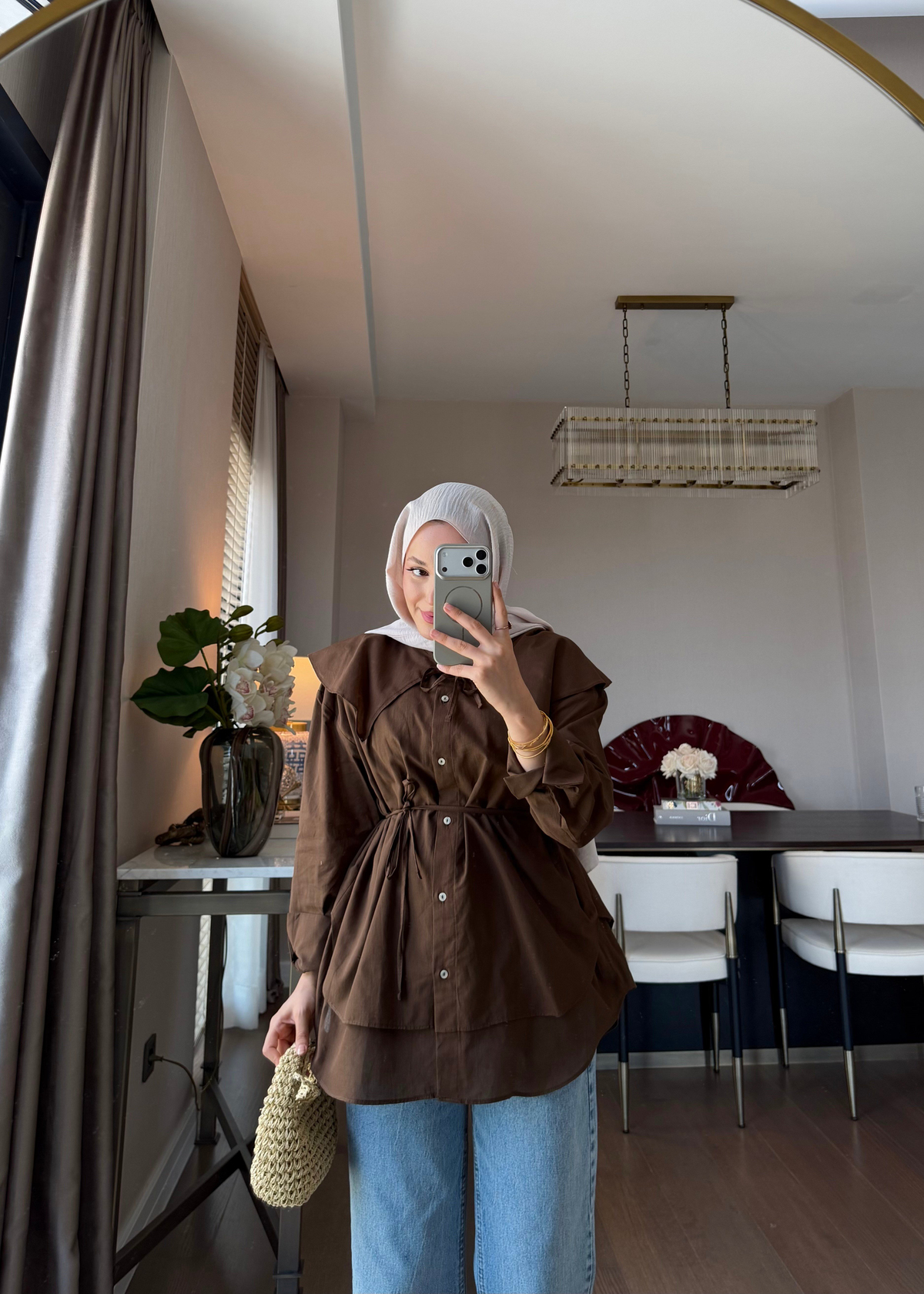 Bağlama Detaylı Pamuk Gömlek Kahverengi