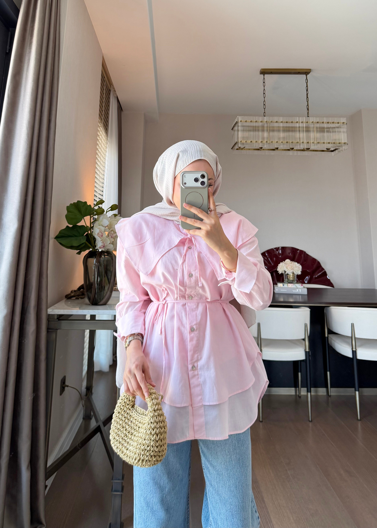 Bağlama Detaylı Pamuk Gömlek Pembe