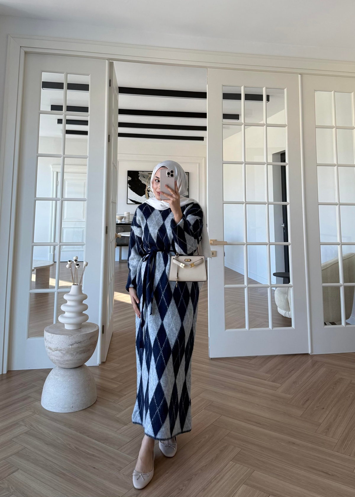 Baklava Desenli Triko Elbise Lacivert