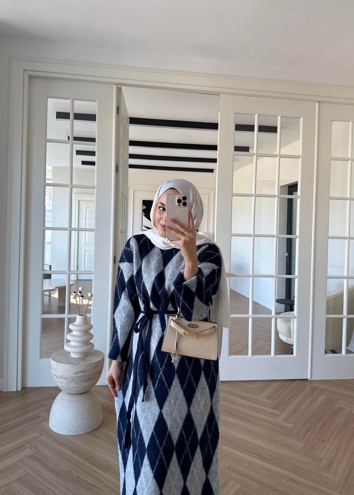 Baklava Desenli Triko Elbise Lacivert