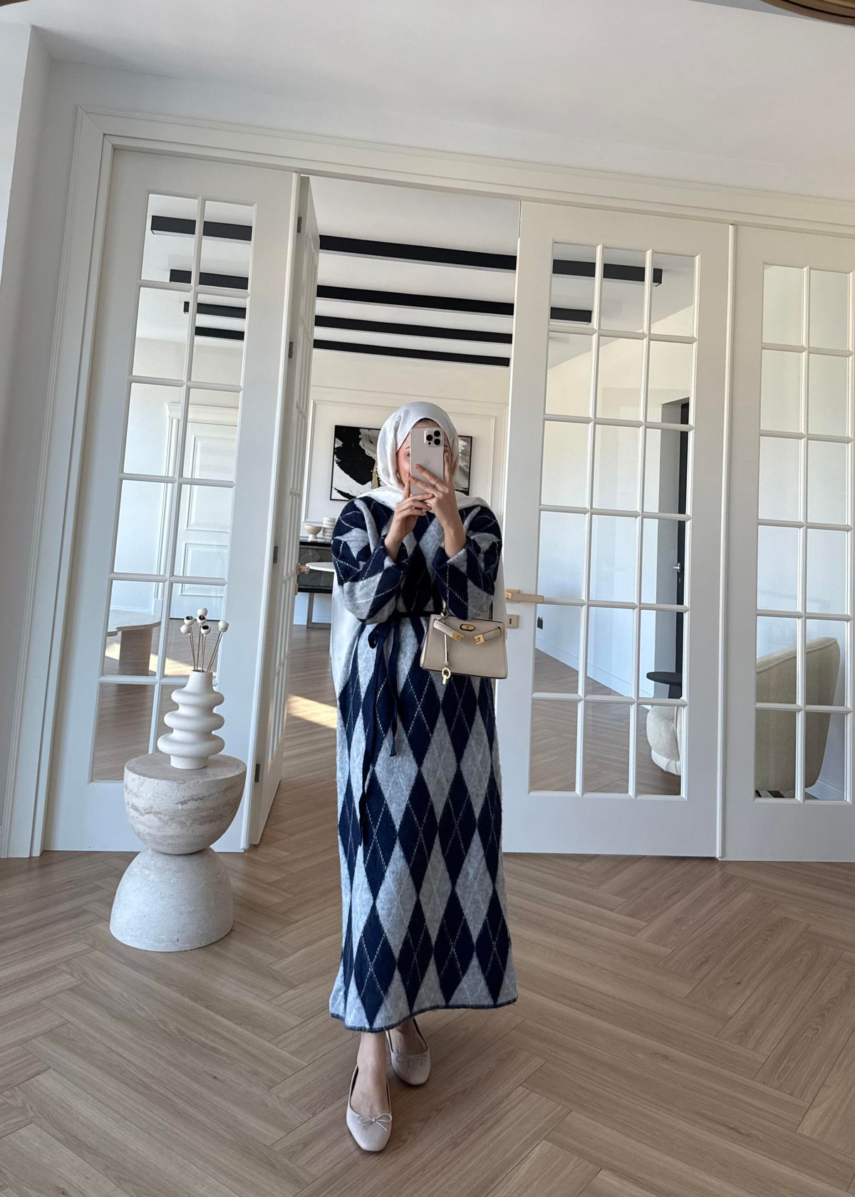 Baklava Desenli Triko Elbise Lacivert