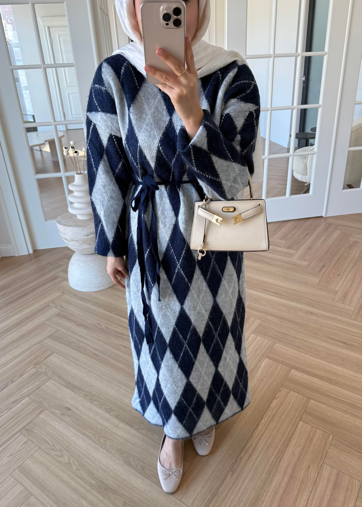 Baklava Desenli Triko Elbise Lacivert