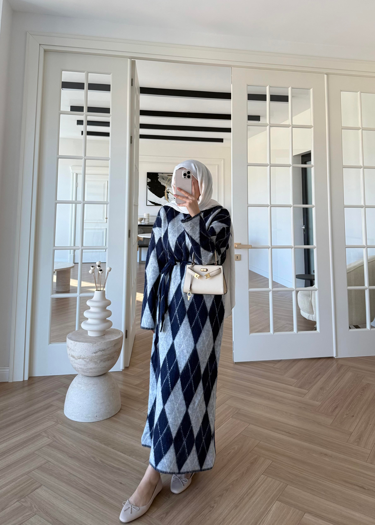 Baklava Desenli Triko Elbise Lacivert