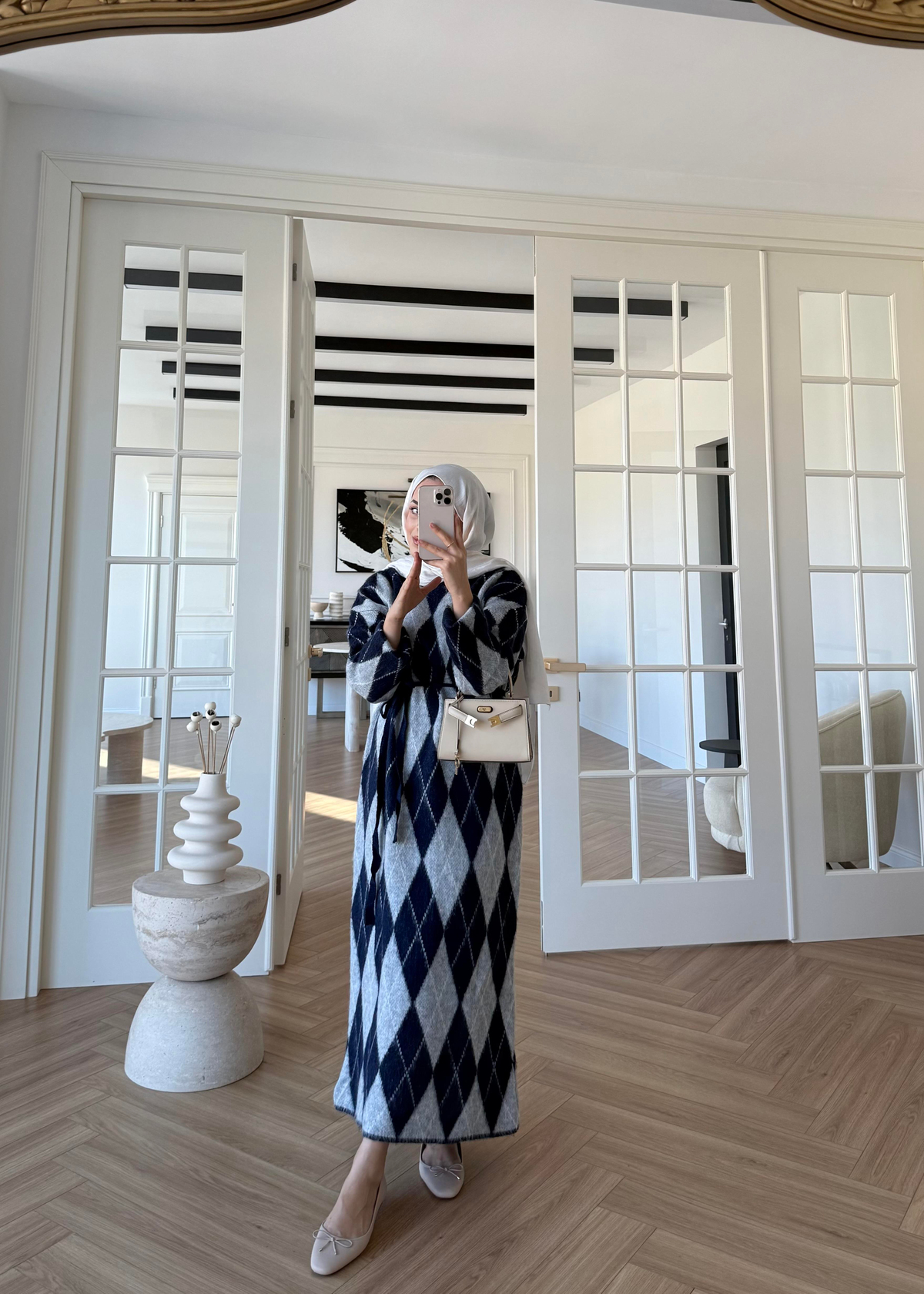 Baklava Desenli Triko Elbise Lacivert