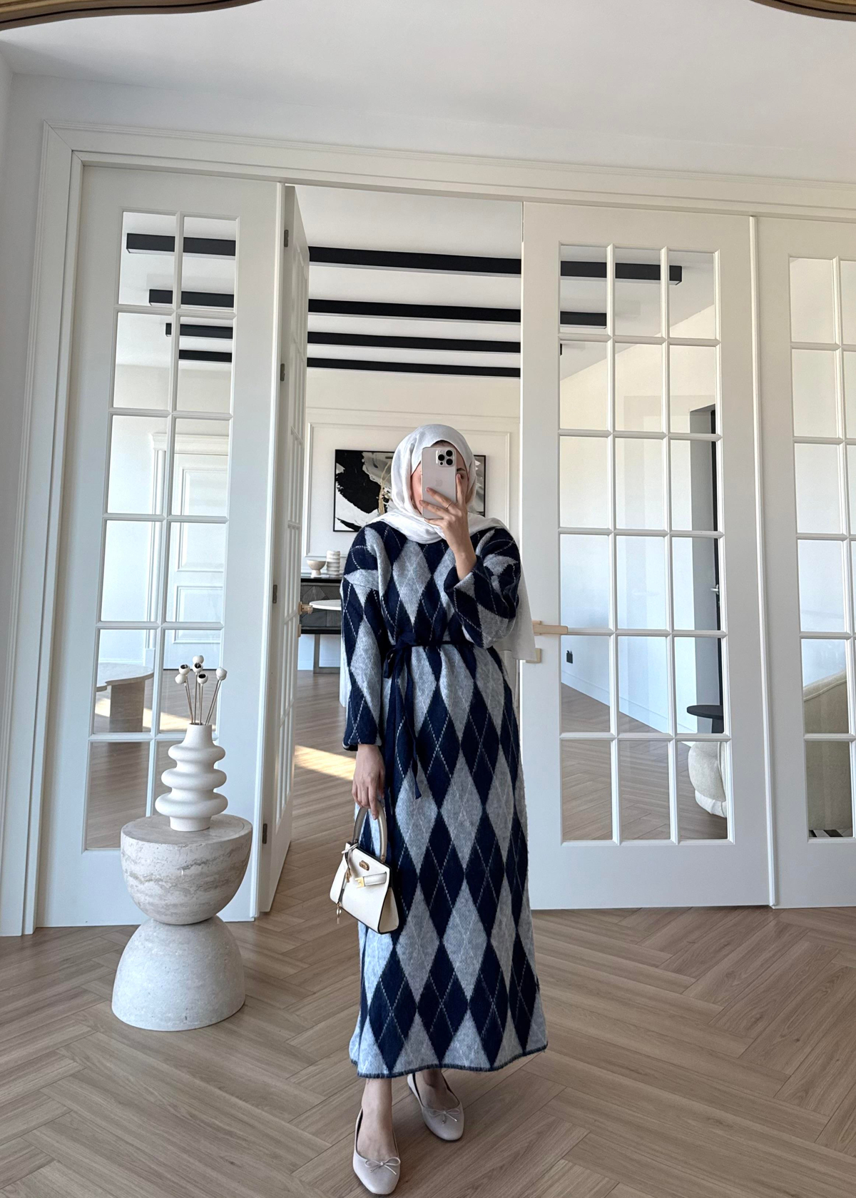 Baklava Desenli Triko Elbise Lacivert