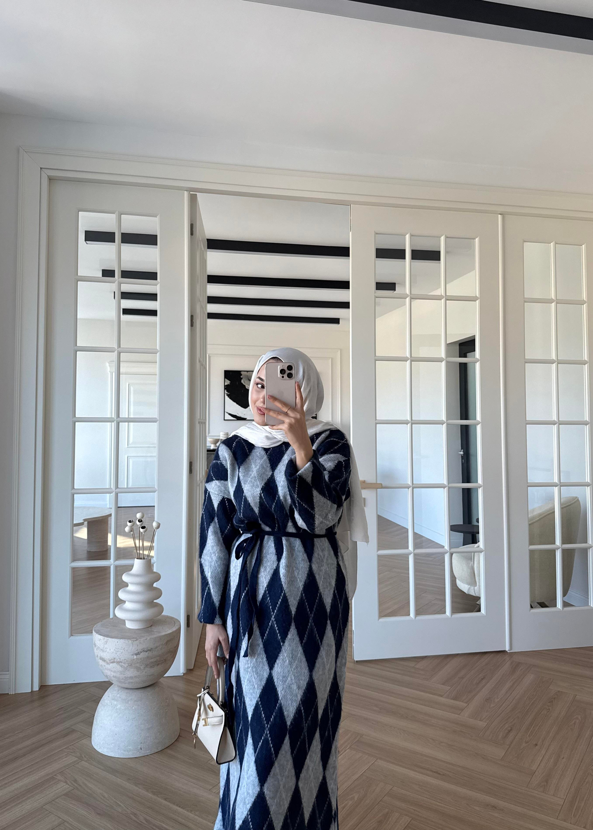 Baklava Desenli Triko Elbise Lacivert