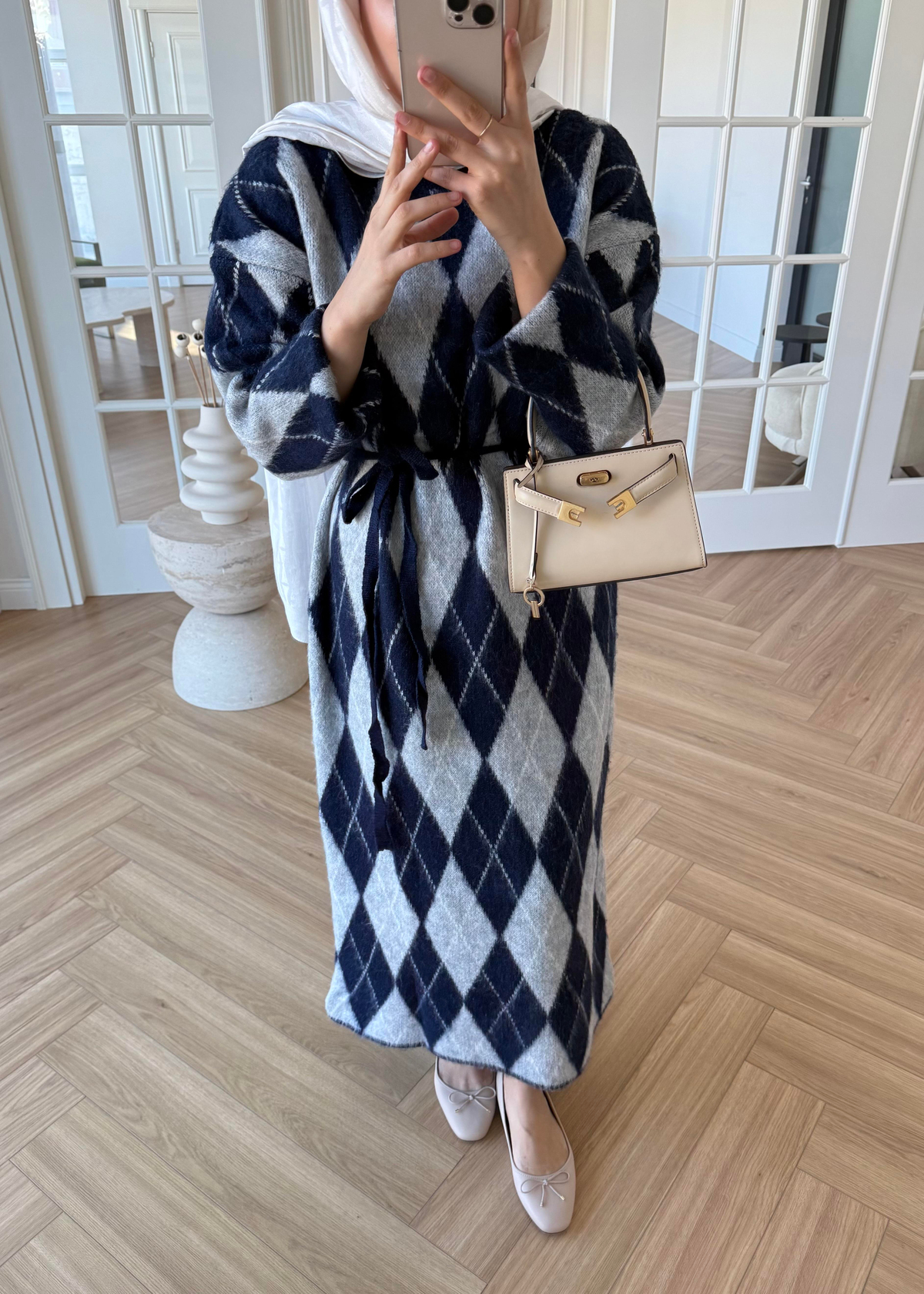 Baklava Desenli Triko Elbise Lacivert