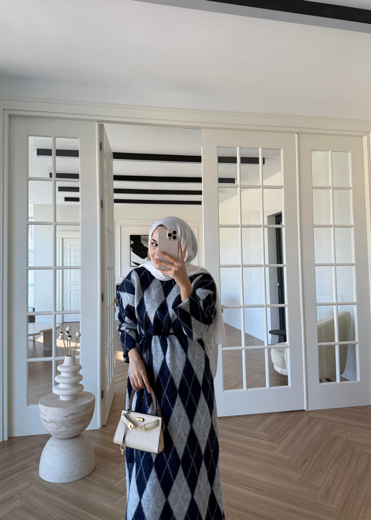 Baklava Desenli Triko Elbise Lacivert