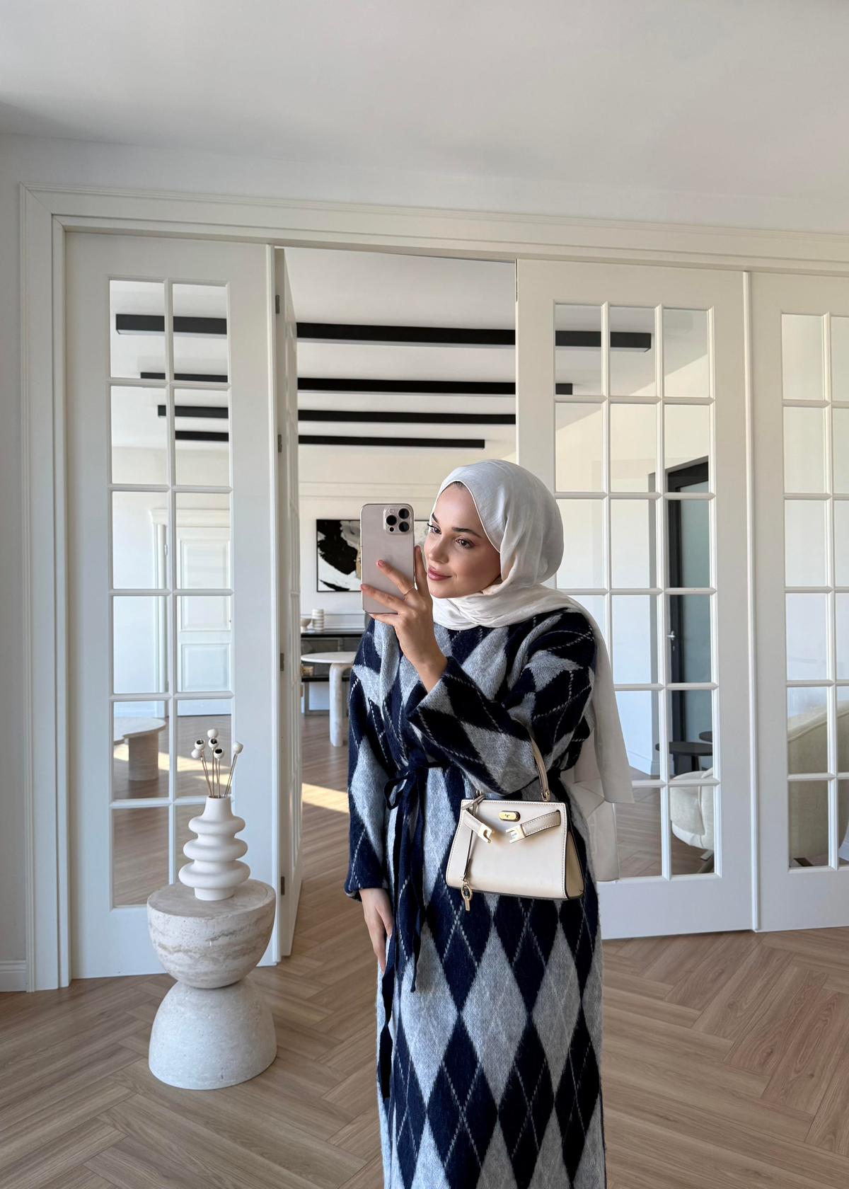 Baklava Desenli Triko Elbise Lacivert