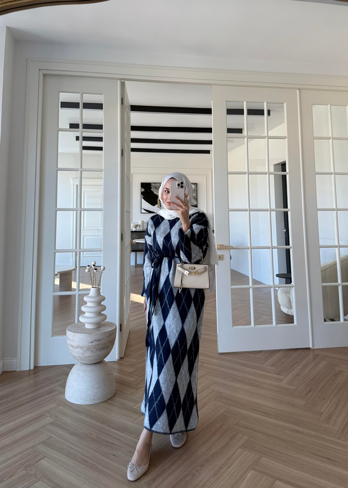 Baklava Desenli Triko Elbise Lacivert