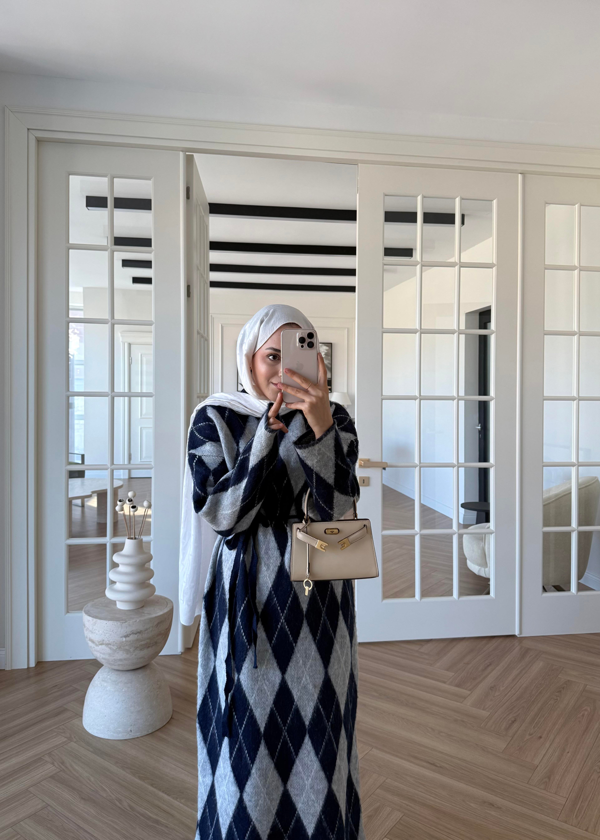 Baklava Desenli Triko Elbise Lacivert