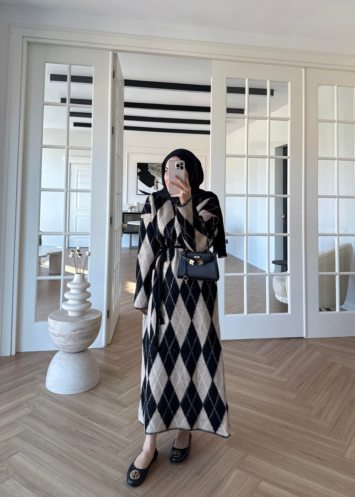 Baklava Desenli Triko Elbise Vizon