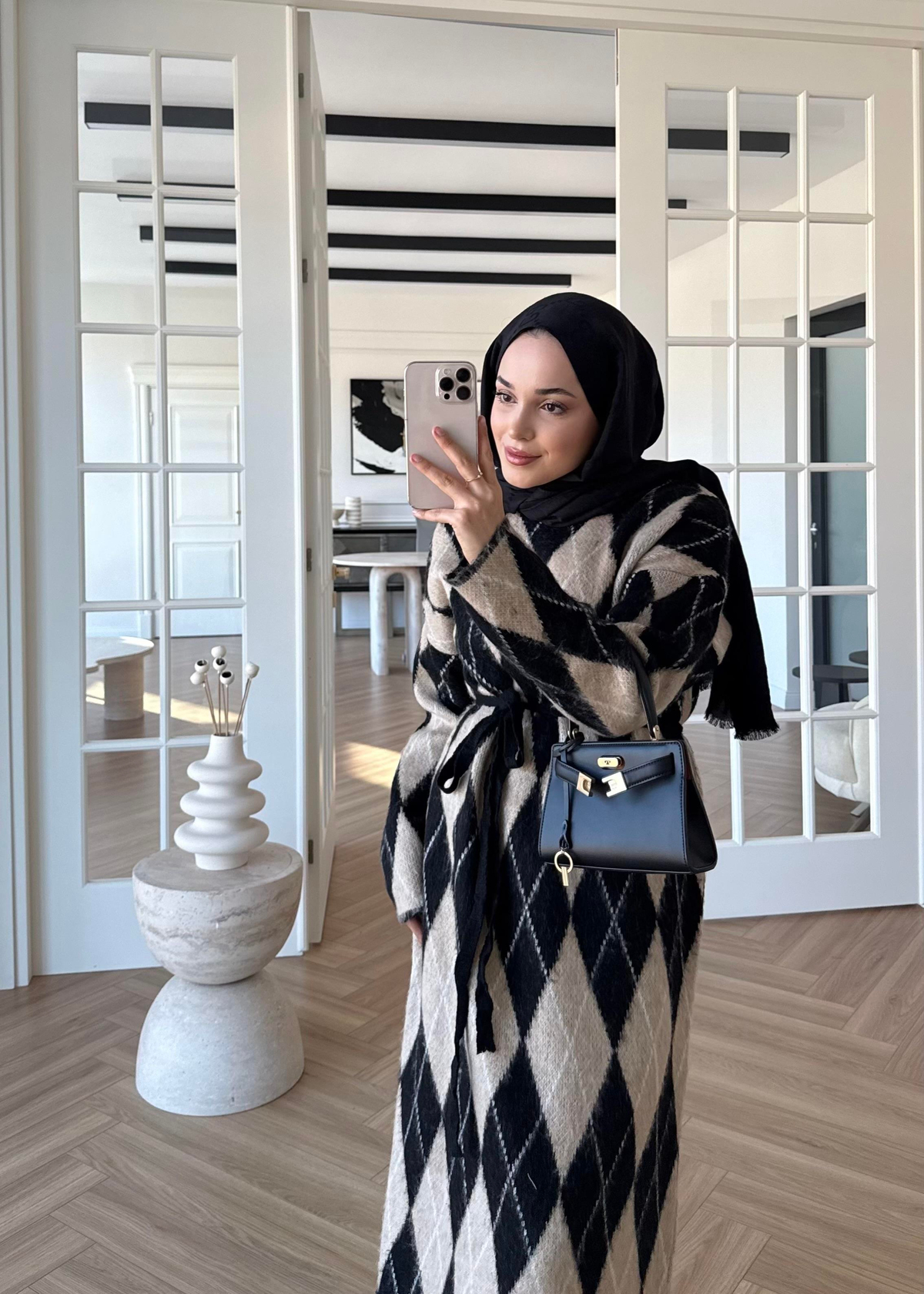 Baklava Desenli Triko Elbise Vizon