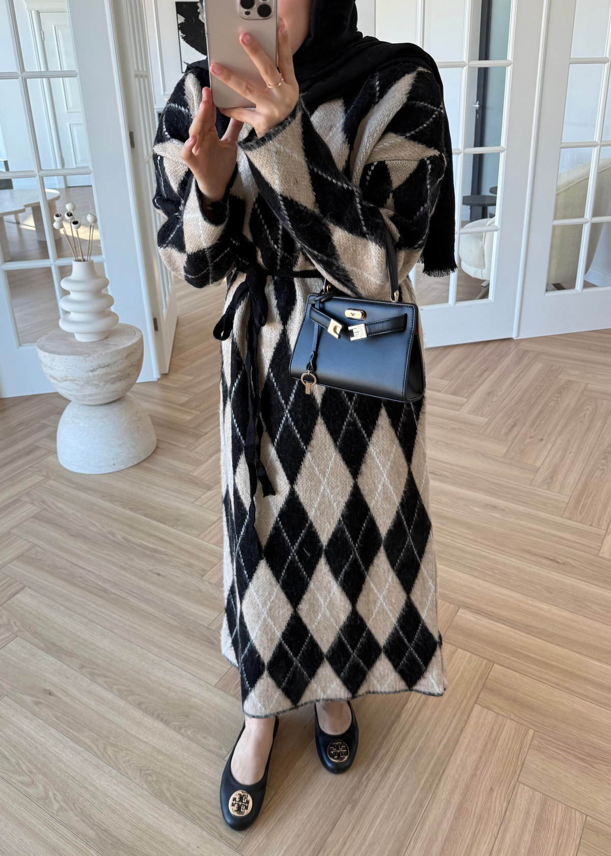 Baklava Desenli Triko Elbise Vizon