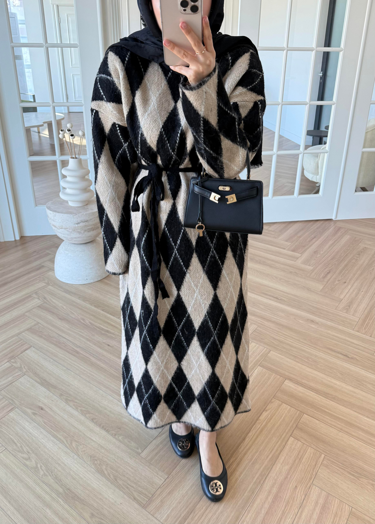 Baklava Desenli Triko Elbise Vizon