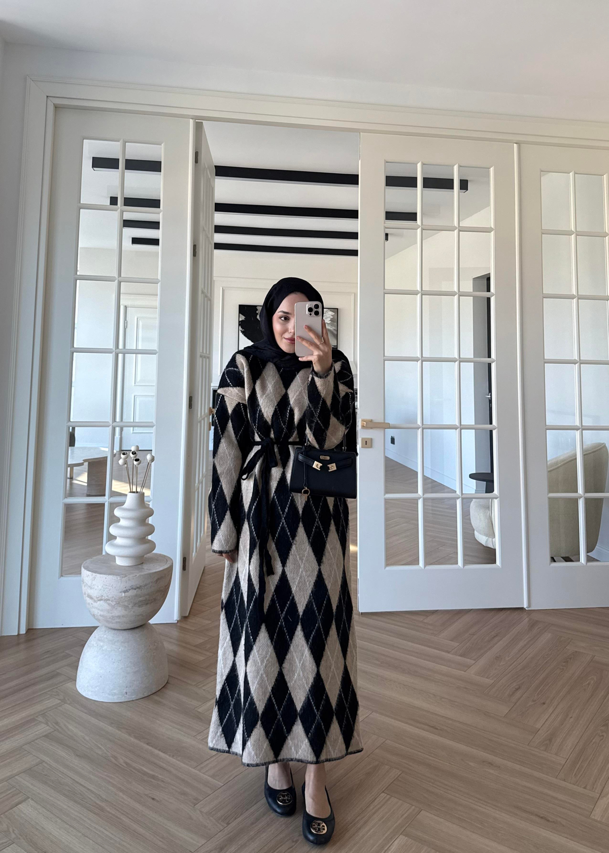 Baklava Desenli Triko Elbise Vizon