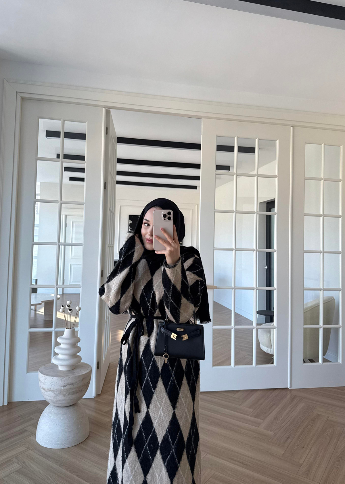 Baklava Desenli Triko Elbise Vizon