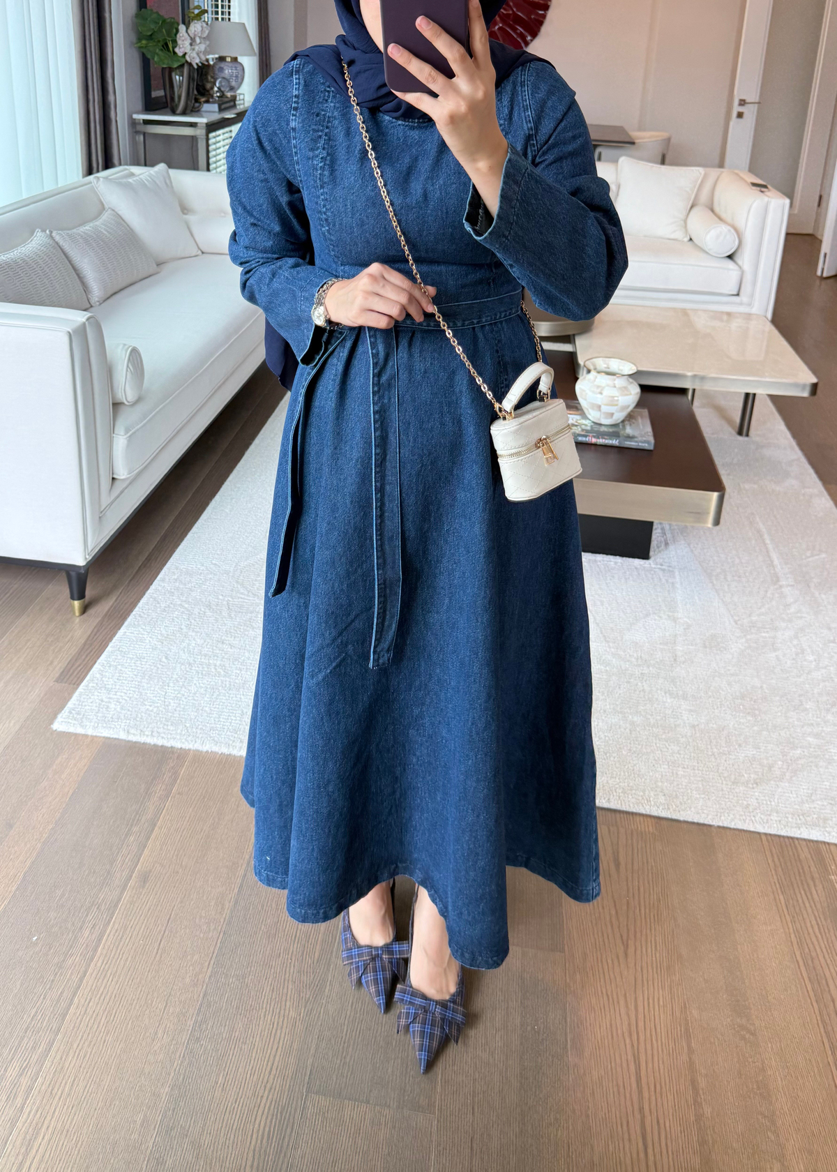 Belden Oturmalı Denim Elbise Lacivert