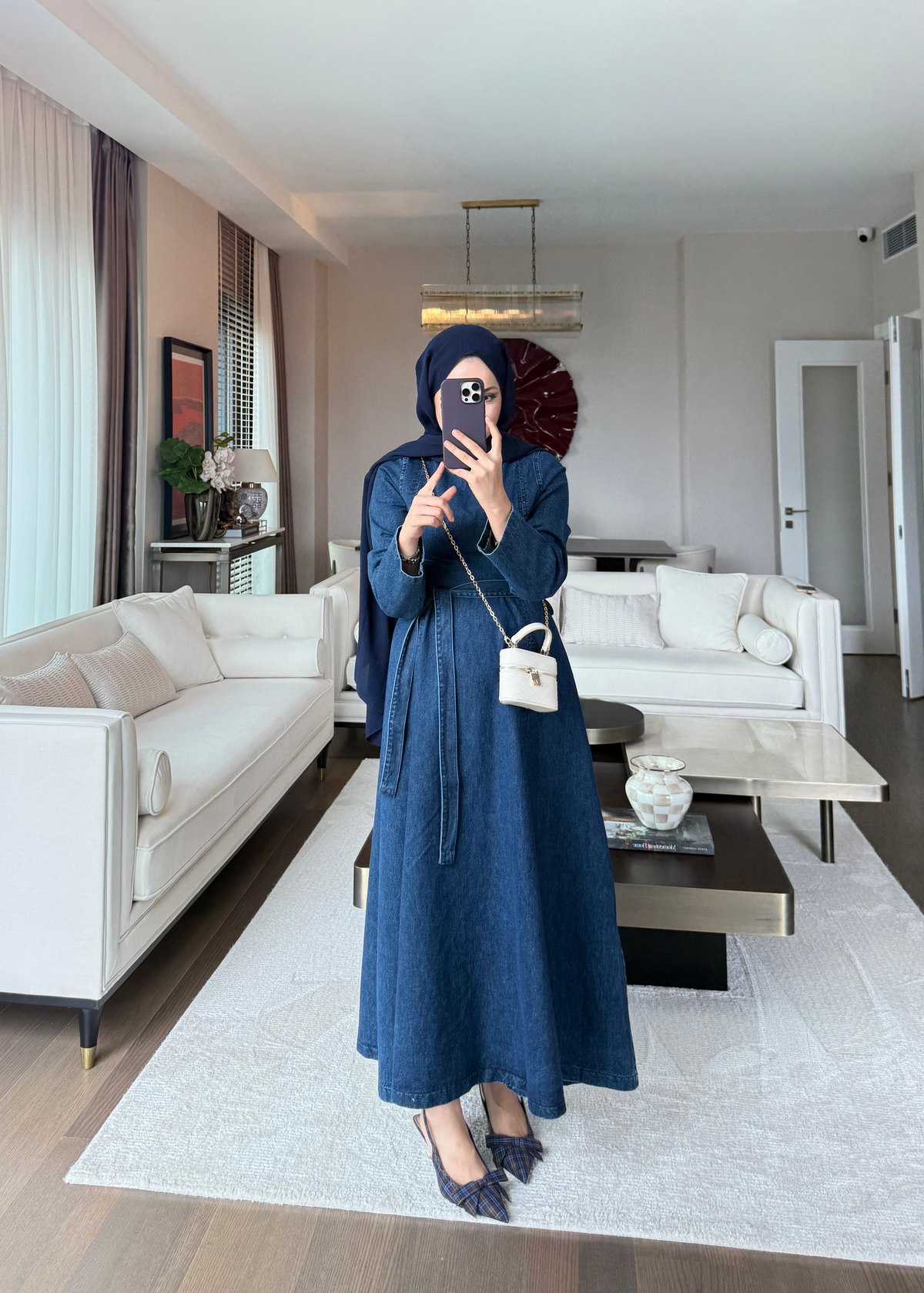 Belden Oturmalı Denim Elbise Lacivert