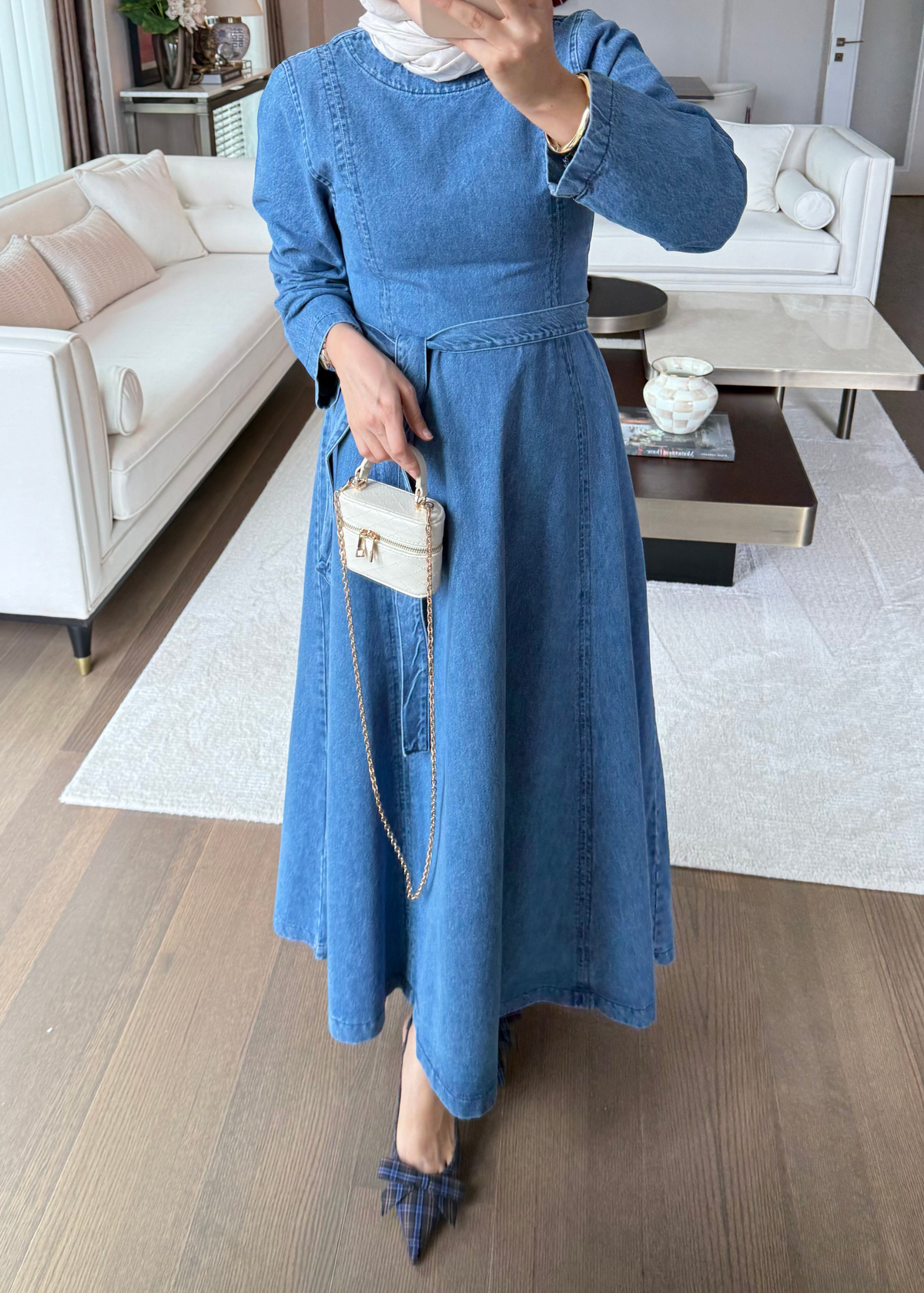 Belden Oturmalı Denim Elbise Mavi