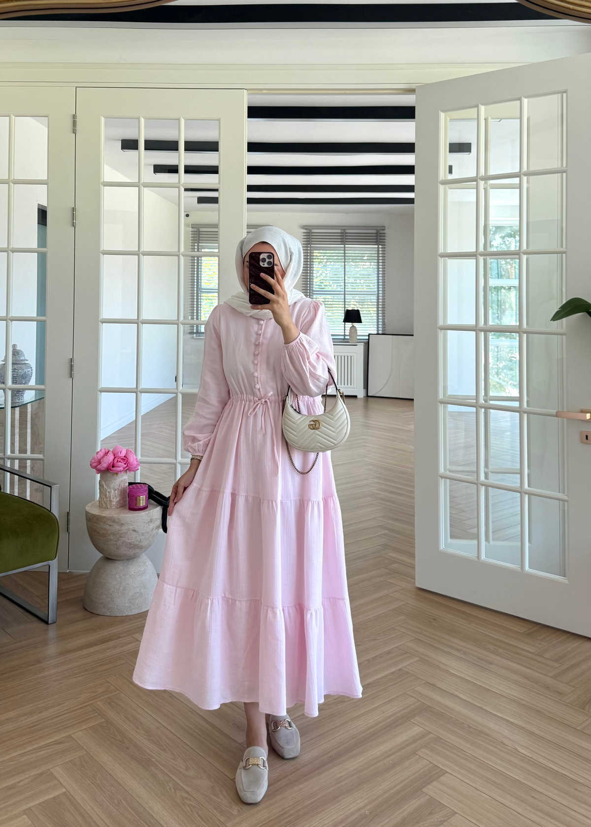 Brid Düğmeli Müslin Elbise Pembe 