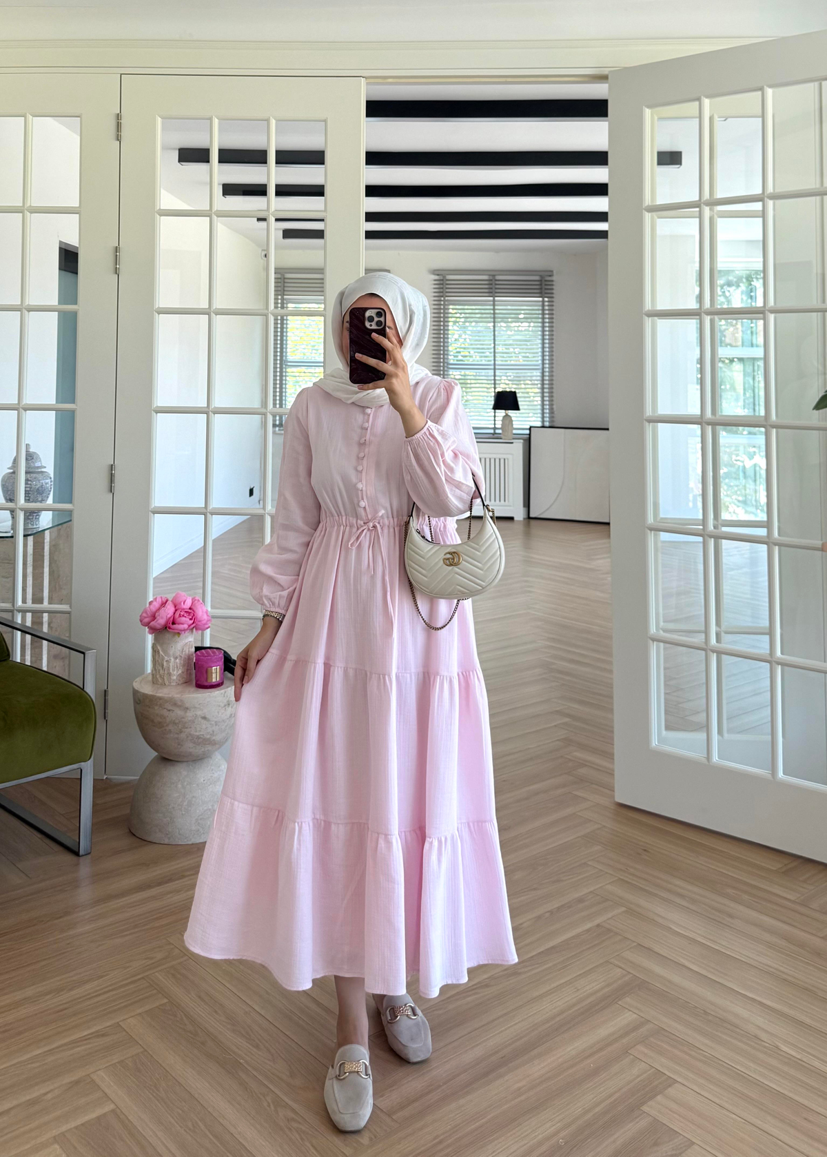 Brid Düğmeli Müslin Elbise Pembe 